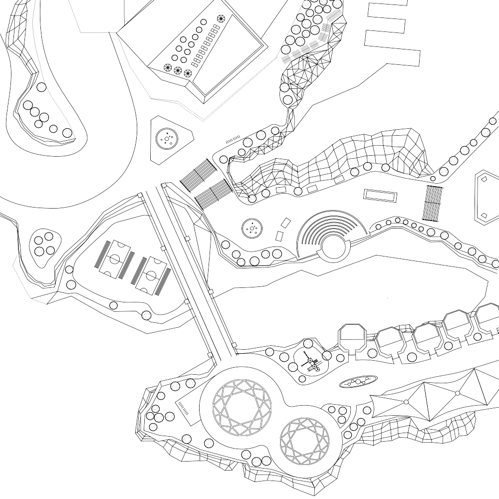 Top-down view of a city planner drawing of buildings and park